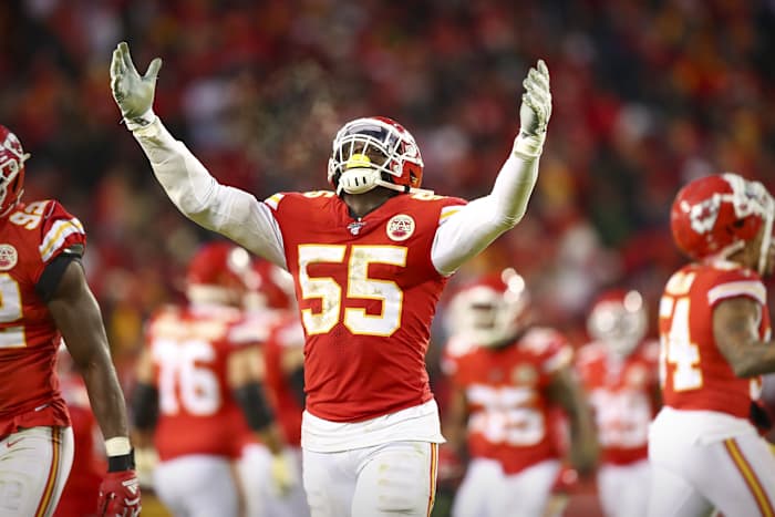 Jan 12, 2020; Kansas City, MO, USA; Kansas City Chiefs defensive end Frank Clark (55) celebrates during the fourth quarter against the Houston Texans in a AFC Divisional Round playoff football game at Arrowhead Stadium. Mandatory Credit: Mark J. Rebilas-USA TODAY Sports
